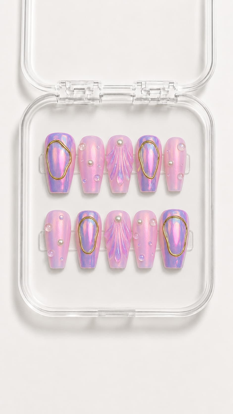 Pink Aura Seashell Coffin Press-On Nails with iridescent pink and purple aura and 3D seashell detail