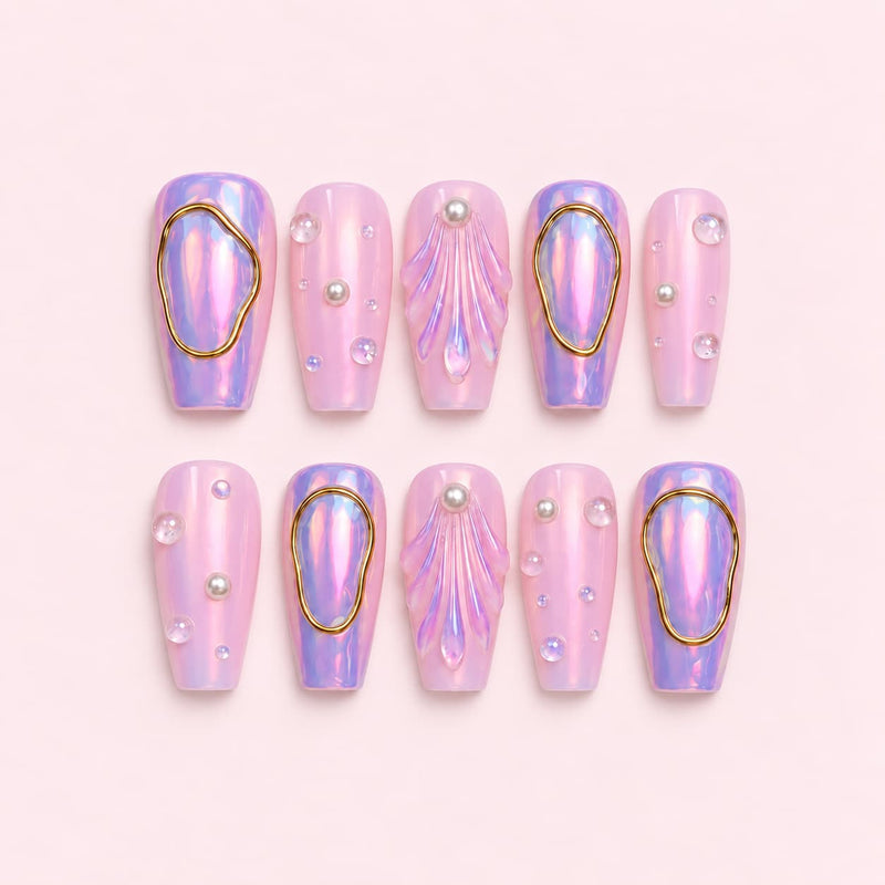 Pink Aura Seashell Coffin Press-On Nails | Handmade