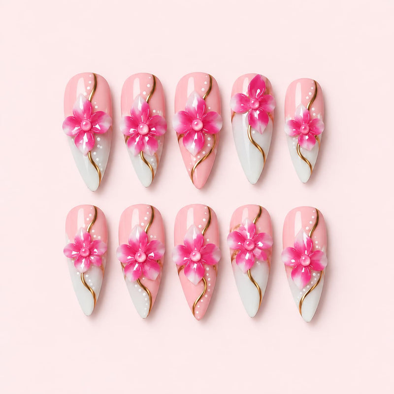 Pink Blossom Stiletto Press-On Nails | Hand-Painted