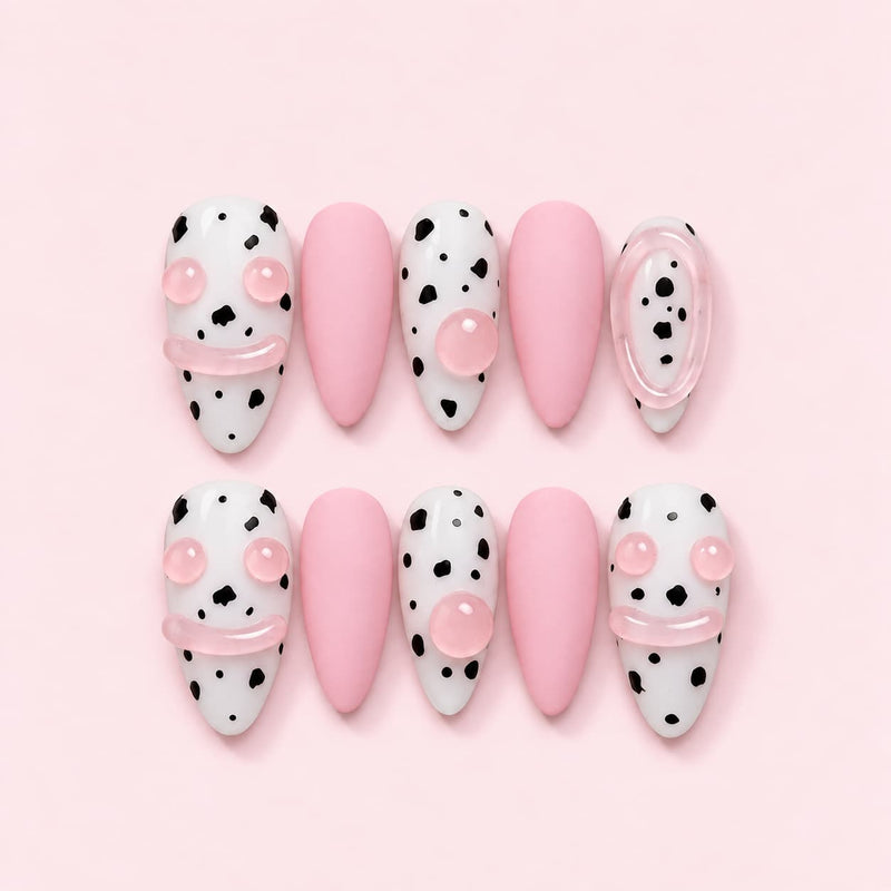 Pink Dalmatian Almond Press-On Nails | Hand-Painted