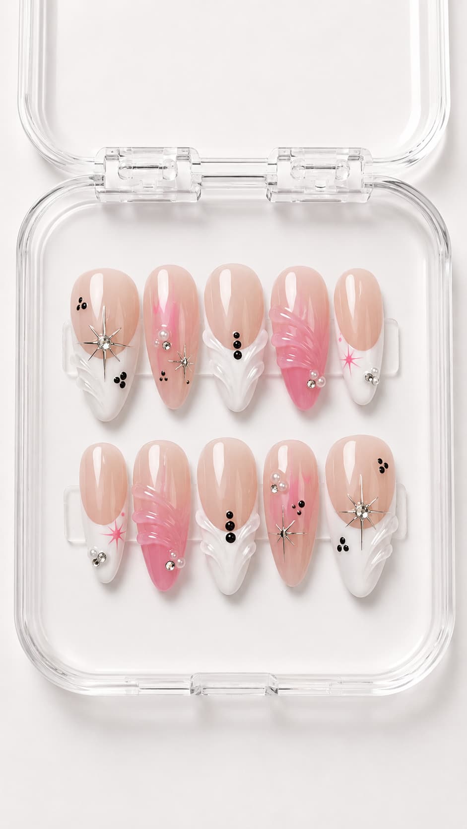 Pink Feather French Tip Almond Press-On Nails with white 3D French tips, pink feather accents, sparkle stars, pearls and gemstones