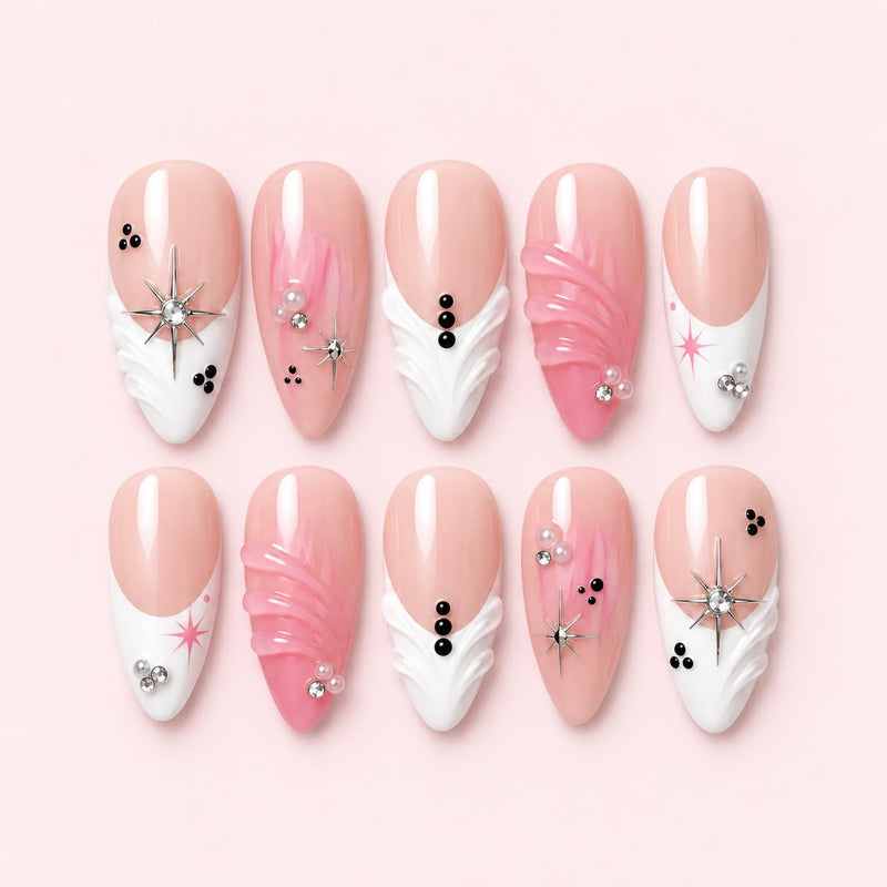 Pink Feather French Tip Almond Press-On Nails