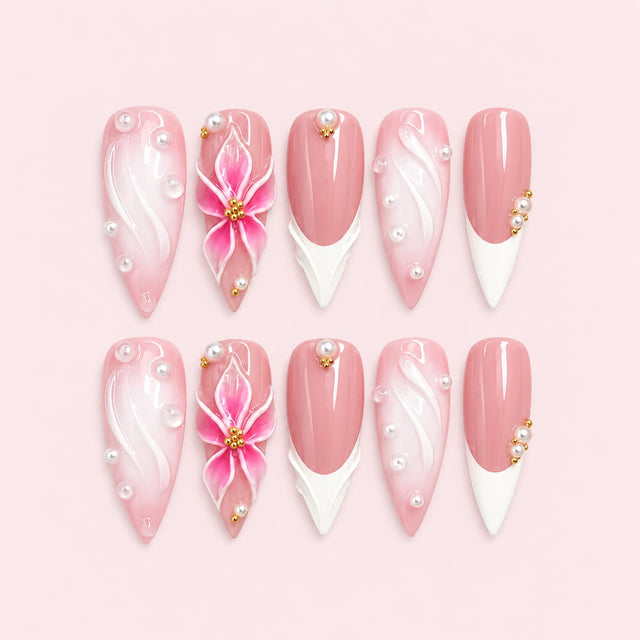 Pink Floral French Tip Stiletto Press-On Nails with pink mauve ombré, 3D white French tips, pink flowers, pearls and gold beads