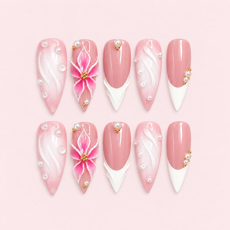 Pink Floral French Tip Stiletto Press-On Nails