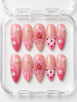 Pink Floral Gradient Almond Press-On Nails with pink gradient, 3D flowers and seashell accent