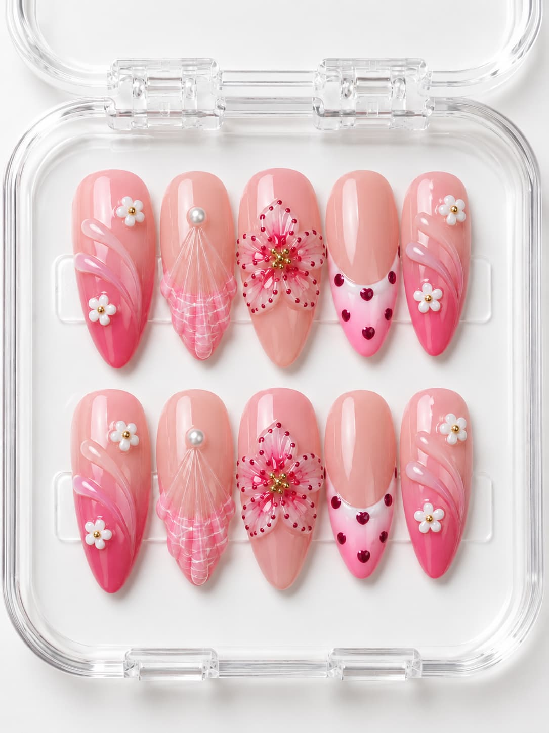 Pink Floral Gradient Almond Press-On Nails with pink gradient, 3D flowers and seashell accent