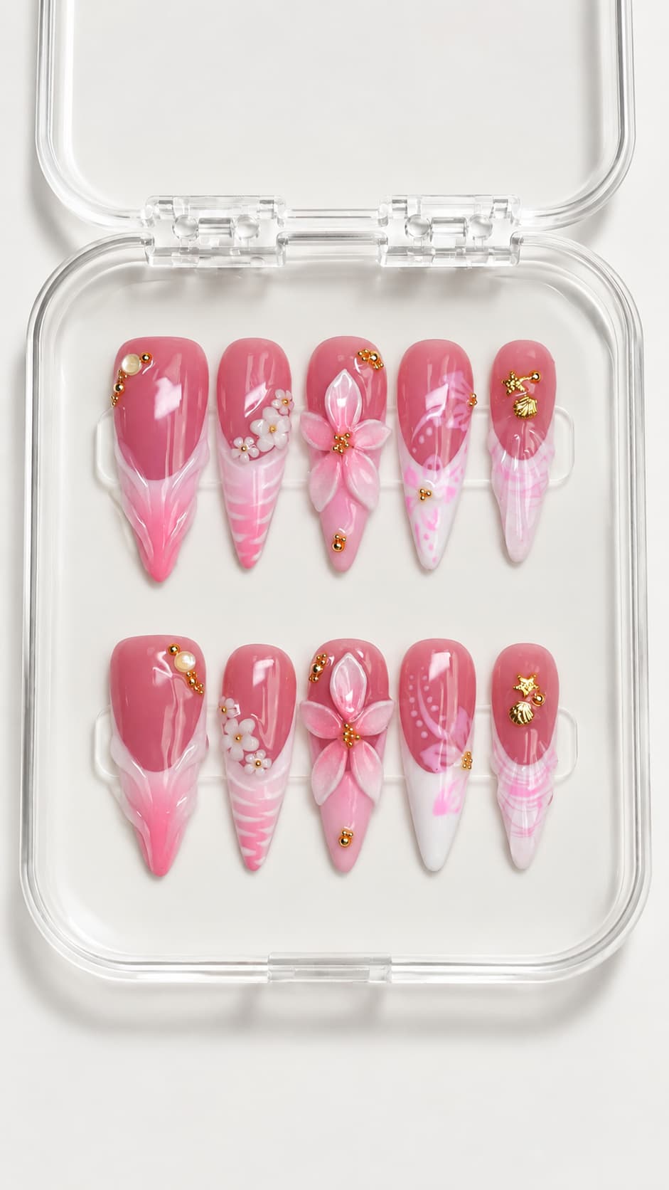 Pink Floral Seashell Stiletto Press-On Nails with pink ombré tips, 3D flowers, gold shell charms and pearl details