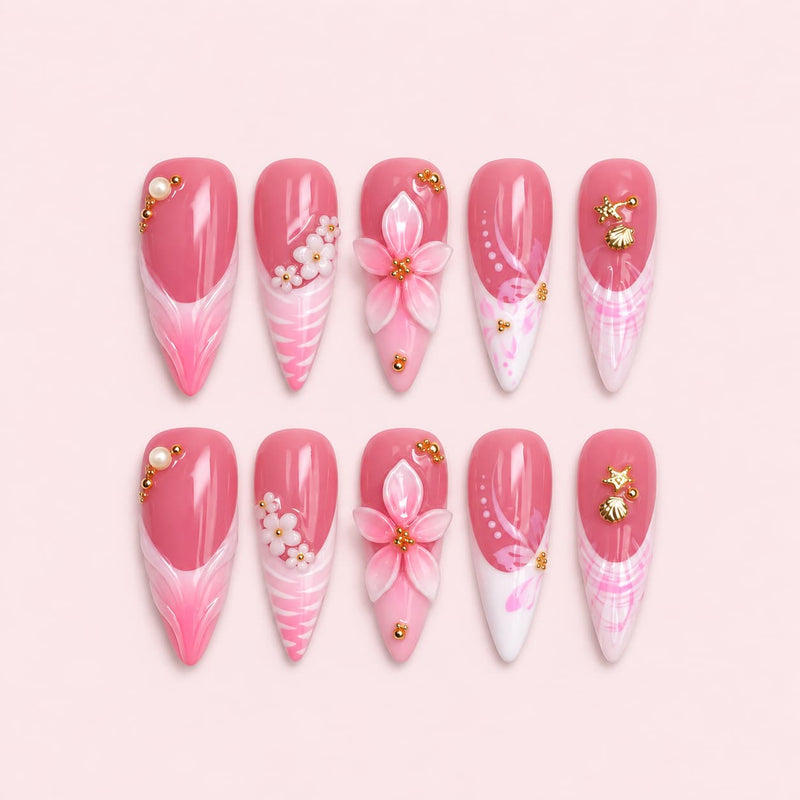 Pink Floral Seashell Stiletto Press-On Nails | MUOI