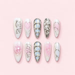Pink Pearl Silver Chrome Almond Press-On Nails with 3D chrome metalwork, opal cabochons, pearls, butterflies, hearts, and bird details.