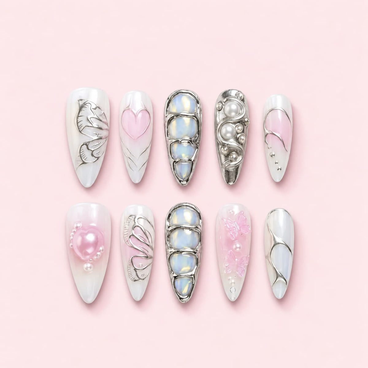 Pink Pearl Silver Chrome Almond Press-On Nails with 3D chrome metalwork, opal cabochons, pearls, butterflies, hearts, and bird details.