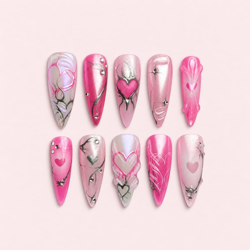 Pink Pearl Silver Heart Stiletto Press-On Nails