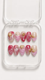 Pink Seashell Ocean Almond Press-On Nails with pink marble ombré and 3D ocean-inspired details