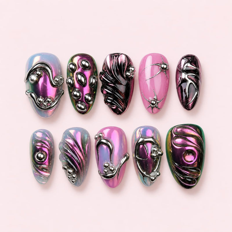 Pink Silver Metallic Almond Press-On Nails | Muoi