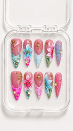 Pink Tropical Floral Stiletto Press-On Nails with blue-teal ombré, 3D tropical flowers, gold starfish charms, beads and pearls