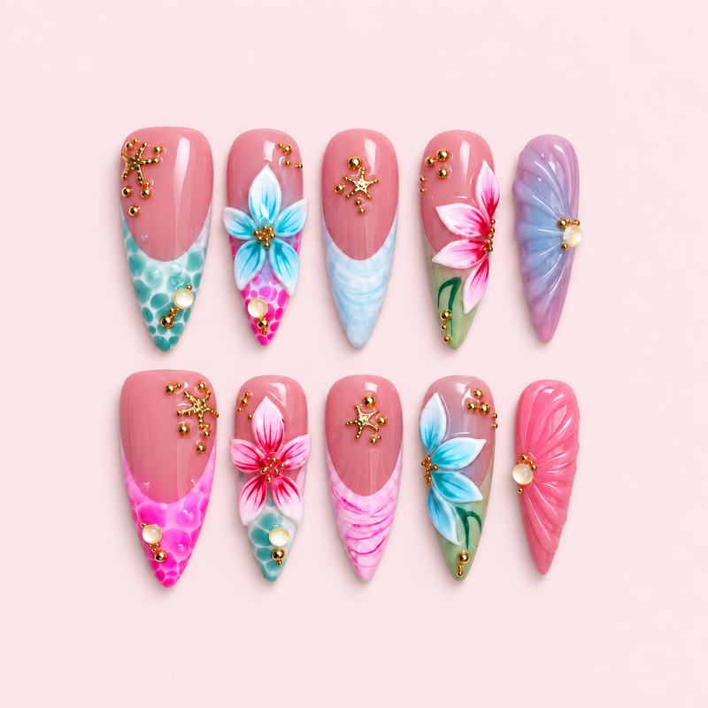 Pink Tropical Floral Stiletto Press-On Nails