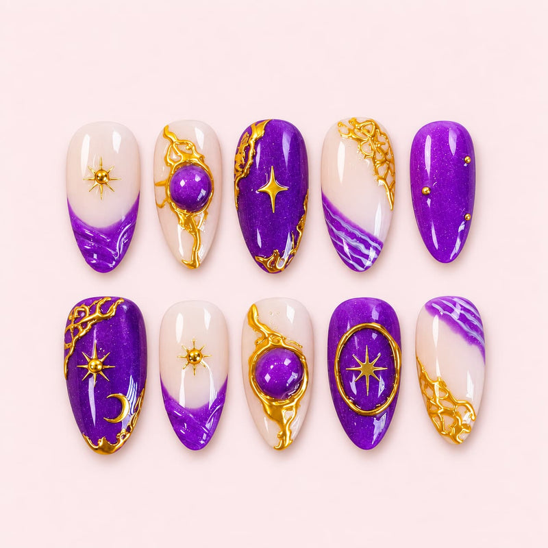 Purple Gold Celestial Short Almond Press-On Nails