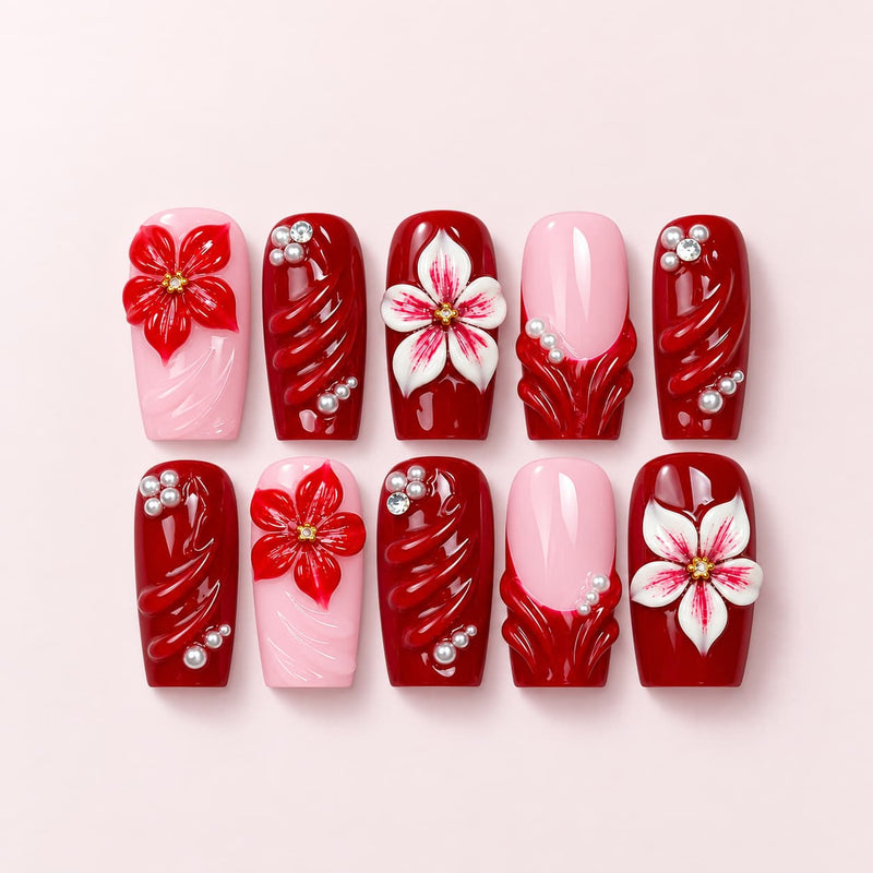 Red Blossom Coffin Press-On Nails | 3D Floral Set