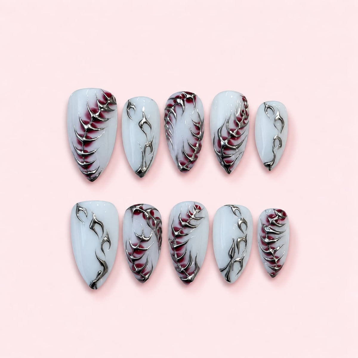 silver-chrome-tribal-almond-press-on-nails-burgundy-white