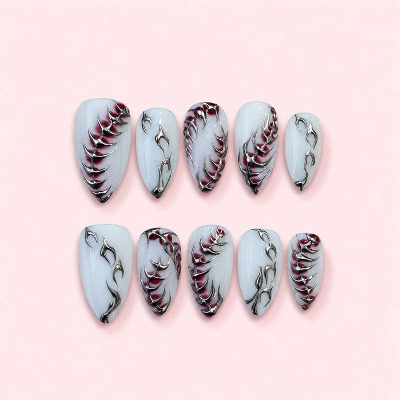 Silver Chrome Tribal Almond Press-On Nails — Burgundy