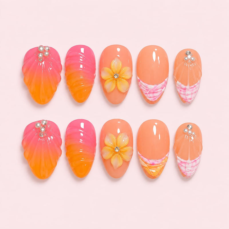 Sunset Seashell Almond Press-On Nails | Hand-Painted