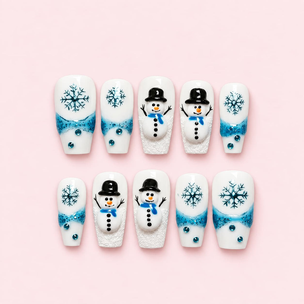 White Blue Snowman Christmas Square Press-On Nails with hand-painted snowmen, blue snowflakes, glitter snow, and blue rhinestone accents.